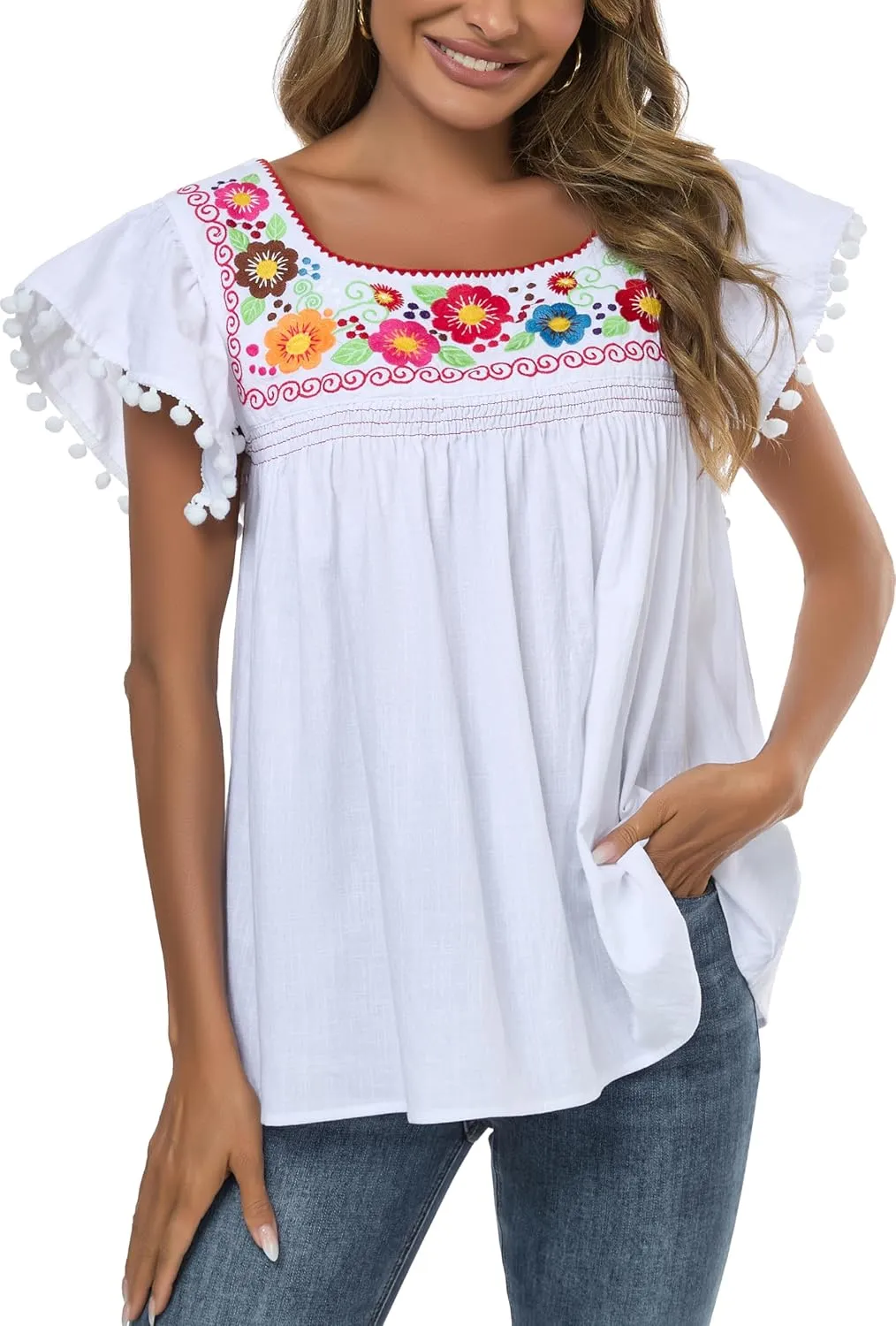 YZXDORWJ Embroidered Mexican Top for Women Peasant Blouse Mexico Summer Shirt Short Sleeve