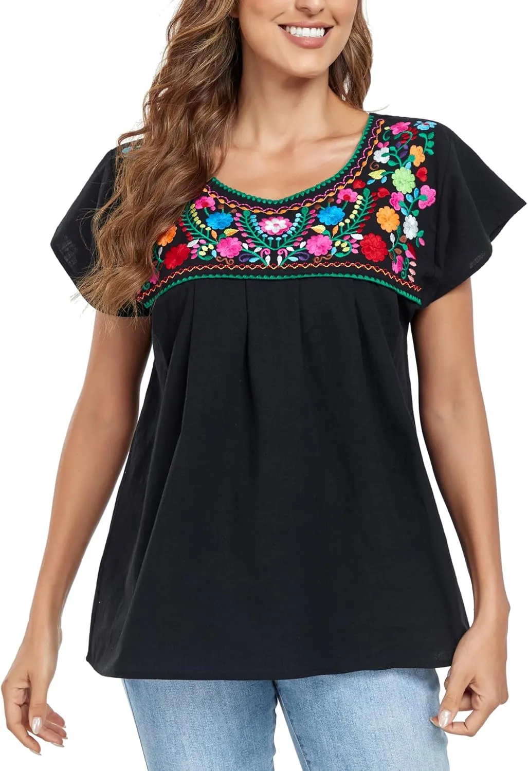 YZXDORWJ Embroidered Mexican Top for Women Peasant Blouse Mexico Summer Shirt Short Sleeve