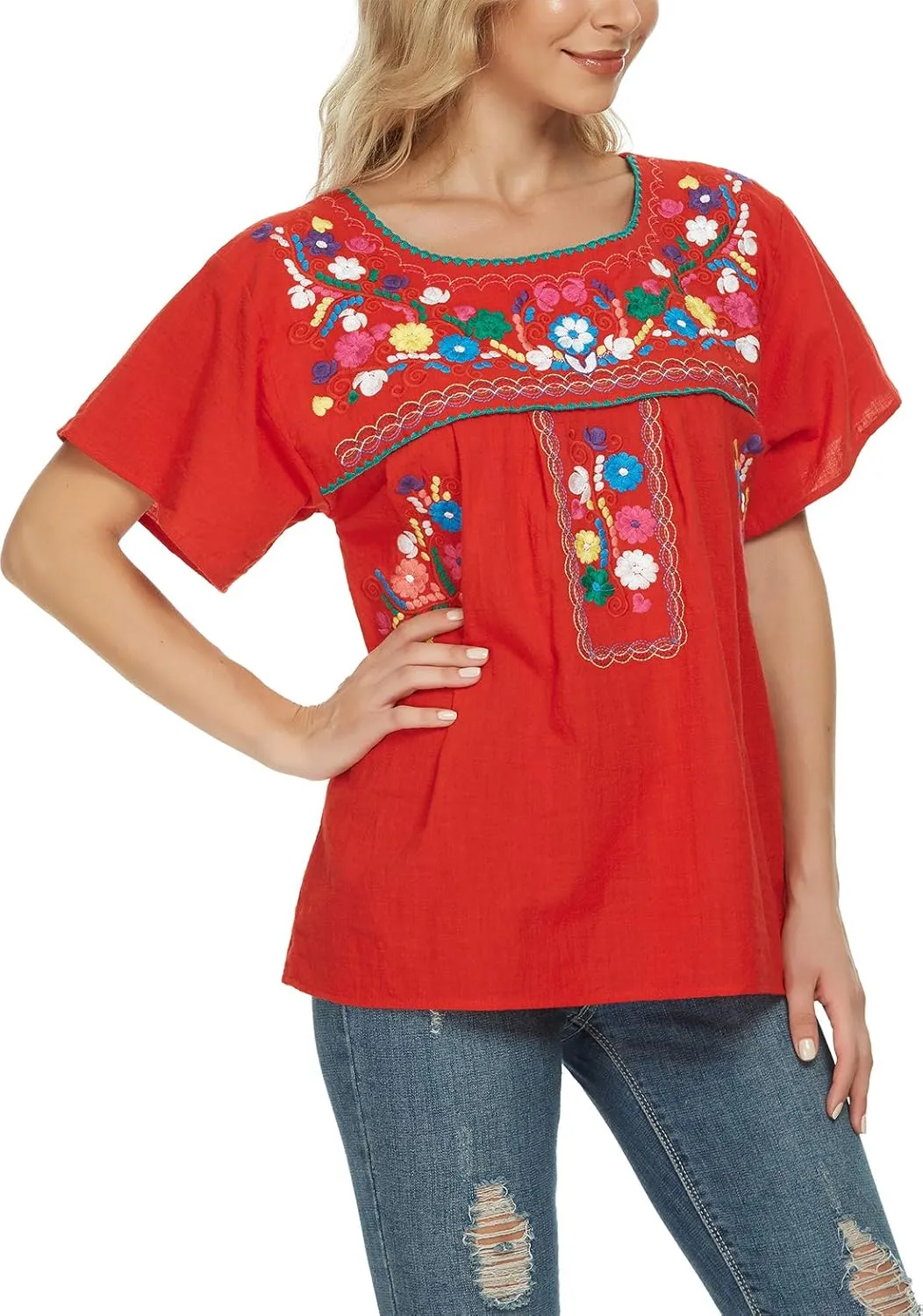 YZXDORWJ Women's Embroidered Mexican Peasant Blouse Mexico Summer Shirt Short Sleeve