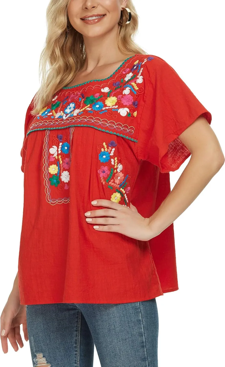 YZXDORWJ Women's Embroidered Mexican Peasant Blouse Mexico Summer Shirt Short Sleeve