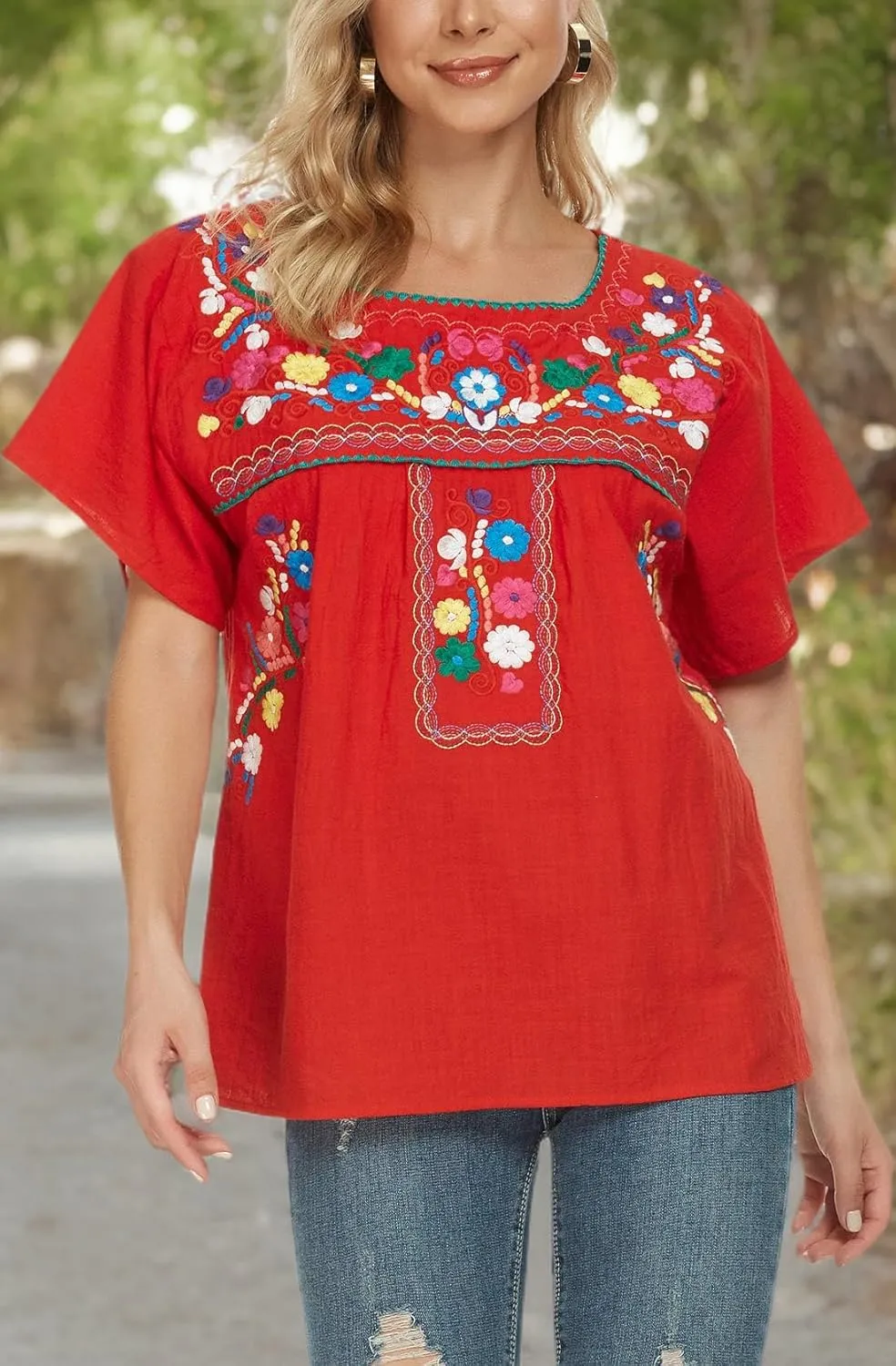 YZXDORWJ Women's Embroidered Mexican Peasant Blouse Mexico Summer Shirt Short Sleeve