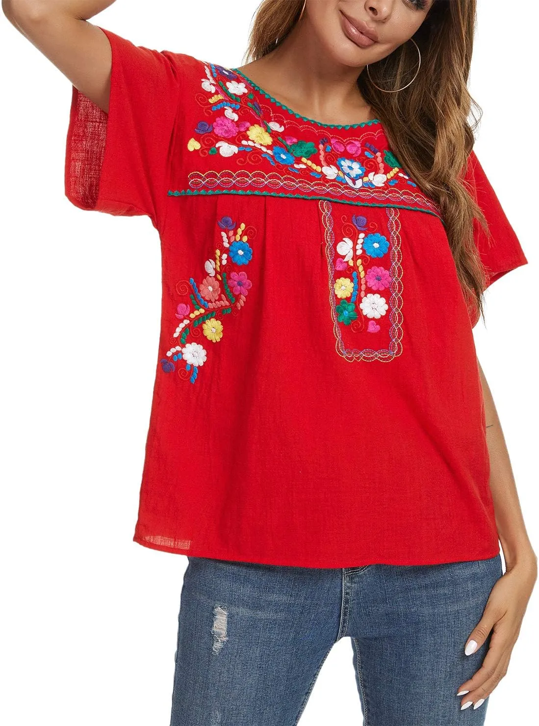 YZXDORWJ Women's Embroidered Mexican Peasant Blouse Mexico Summer Shirt Short Sleeve