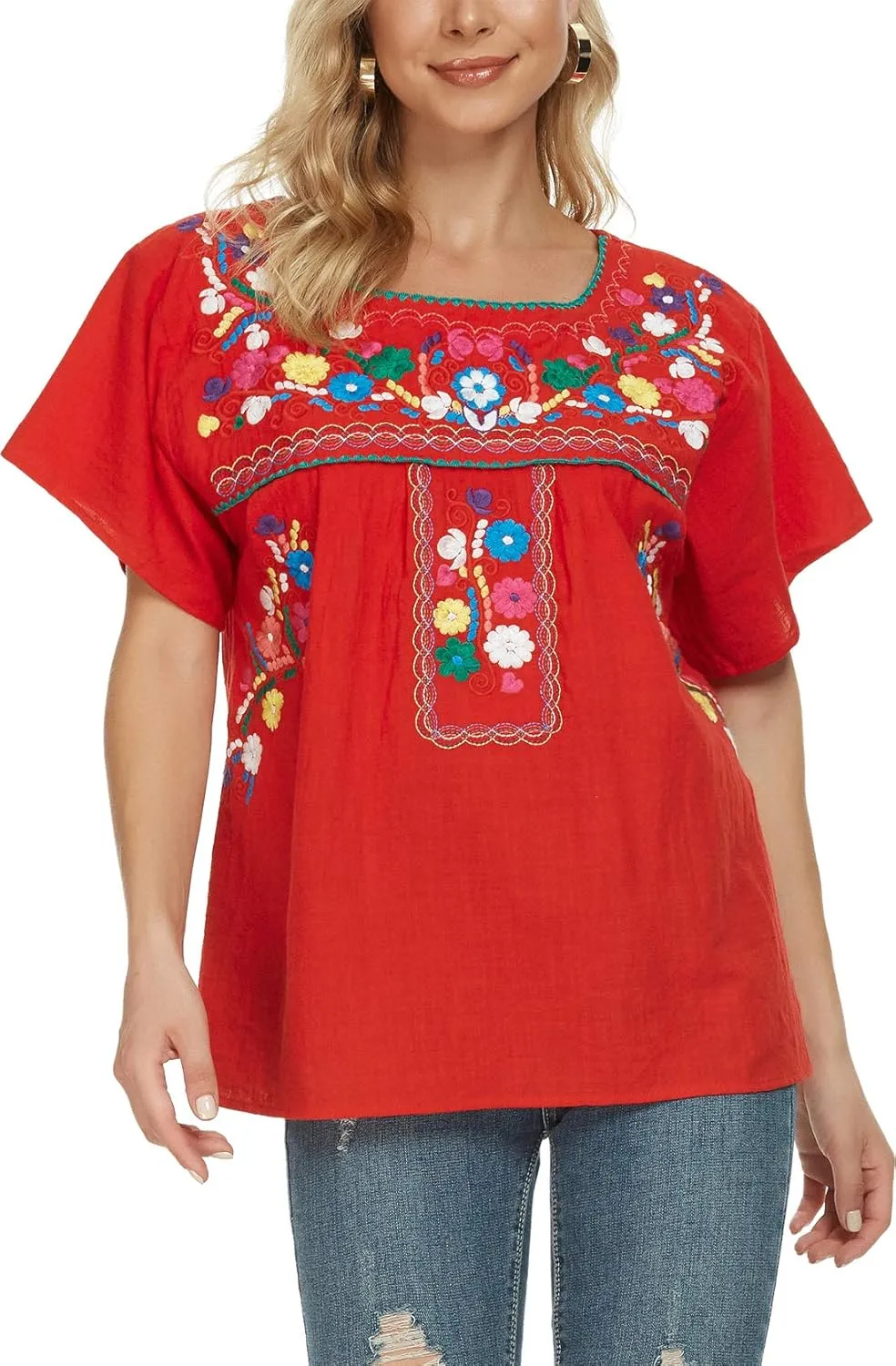 YZXDORWJ Women's Embroidered Mexican Peasant Blouse Mexico Summer Shirt Short Sleeve