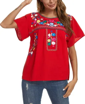 YZXDORWJ Women's Embroidered Mexican Peasant Blouse Mexico Summer Shirt Short Sleeve