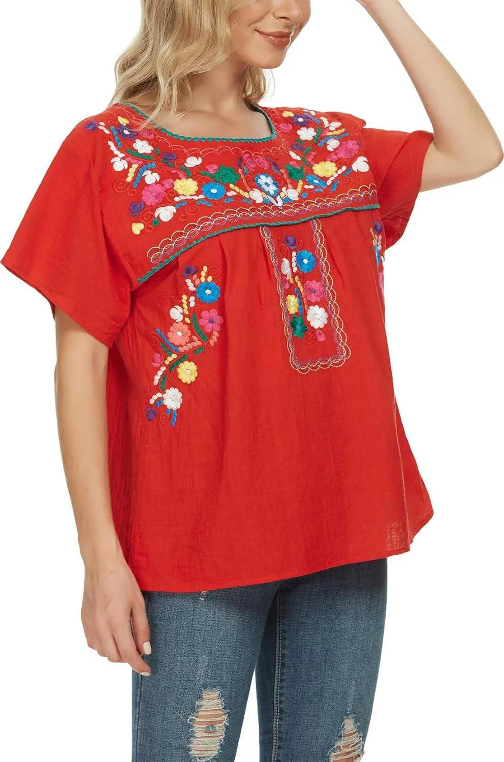 YZXDORWJ Women's Embroidered Mexican Peasant Blouse Mexico Summer Shirt Short Sleeve