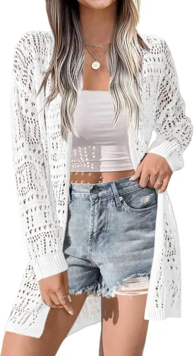 Zeagoo Womens 2025 Summer Crochet Cardigan Sweaters Lightweight Long Sleeve Open Front Kimono Boho Knit Cover Ups