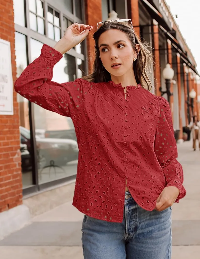 ZESICA Women's Casual Blouse Tops Puff Long Sleeve Button V Neck Hollow Out Eyelet Lace Embroidered Shirt Dressy