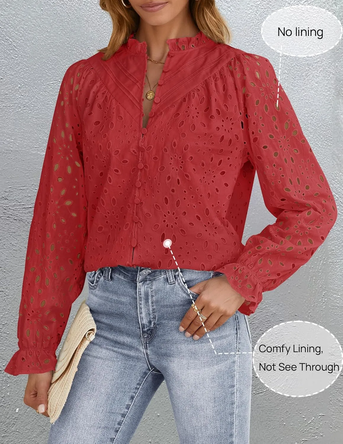ZESICA Women's Casual Blouse Tops Puff Long Sleeve Button V Neck Hollow Out Eyelet Lace Embroidered Shirt Dressy