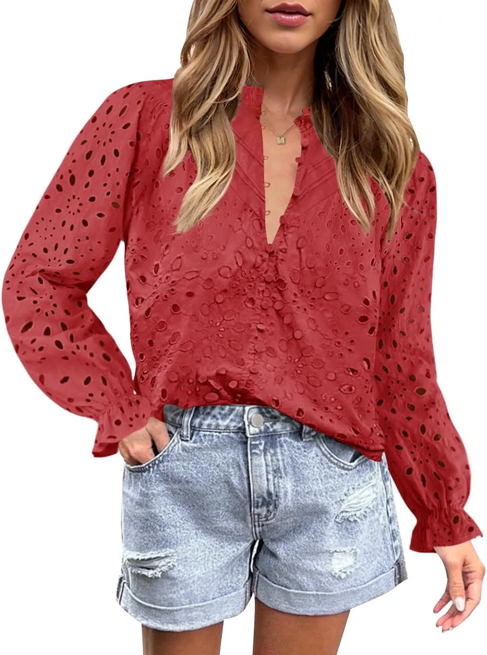 ZESICA Women's Casual Blouse Tops Puff Long Sleeve Button V Neck Hollow Out Eyelet Lace Embroidered Shirt Dressy