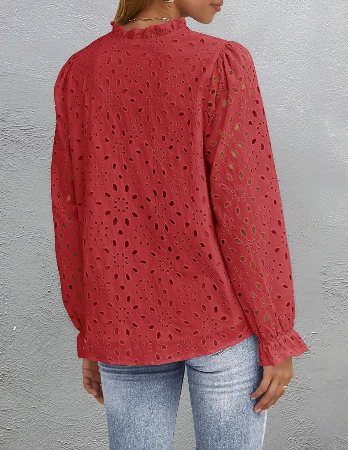 ZESICA Women's Casual Blouse Tops Puff Long Sleeve Button V Neck Hollow Out Eyelet Lace Embroidered Shirt Dressy