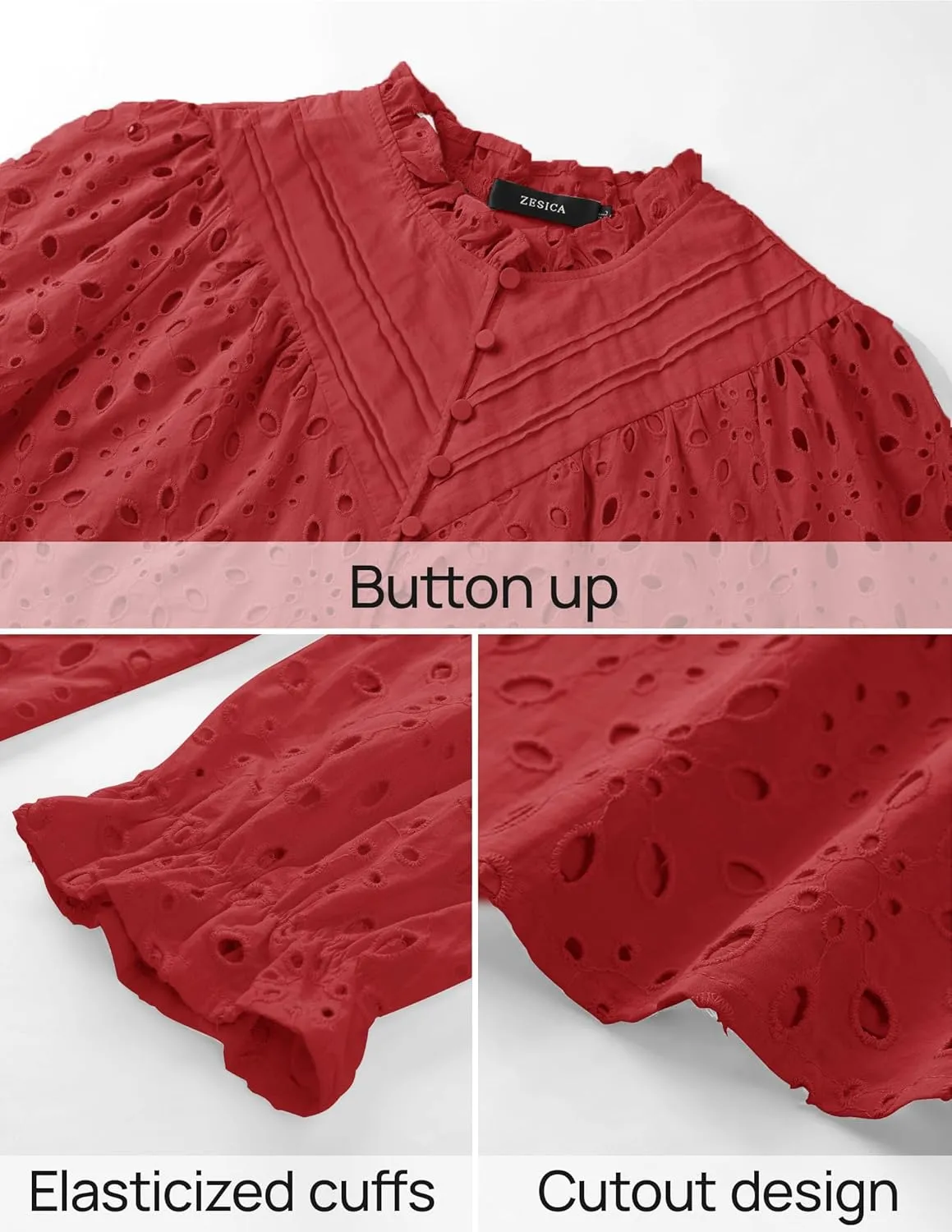 ZESICA Women's Casual Blouse Tops Puff Long Sleeve Button V Neck Hollow Out Eyelet Lace Embroidered Shirt Dressy