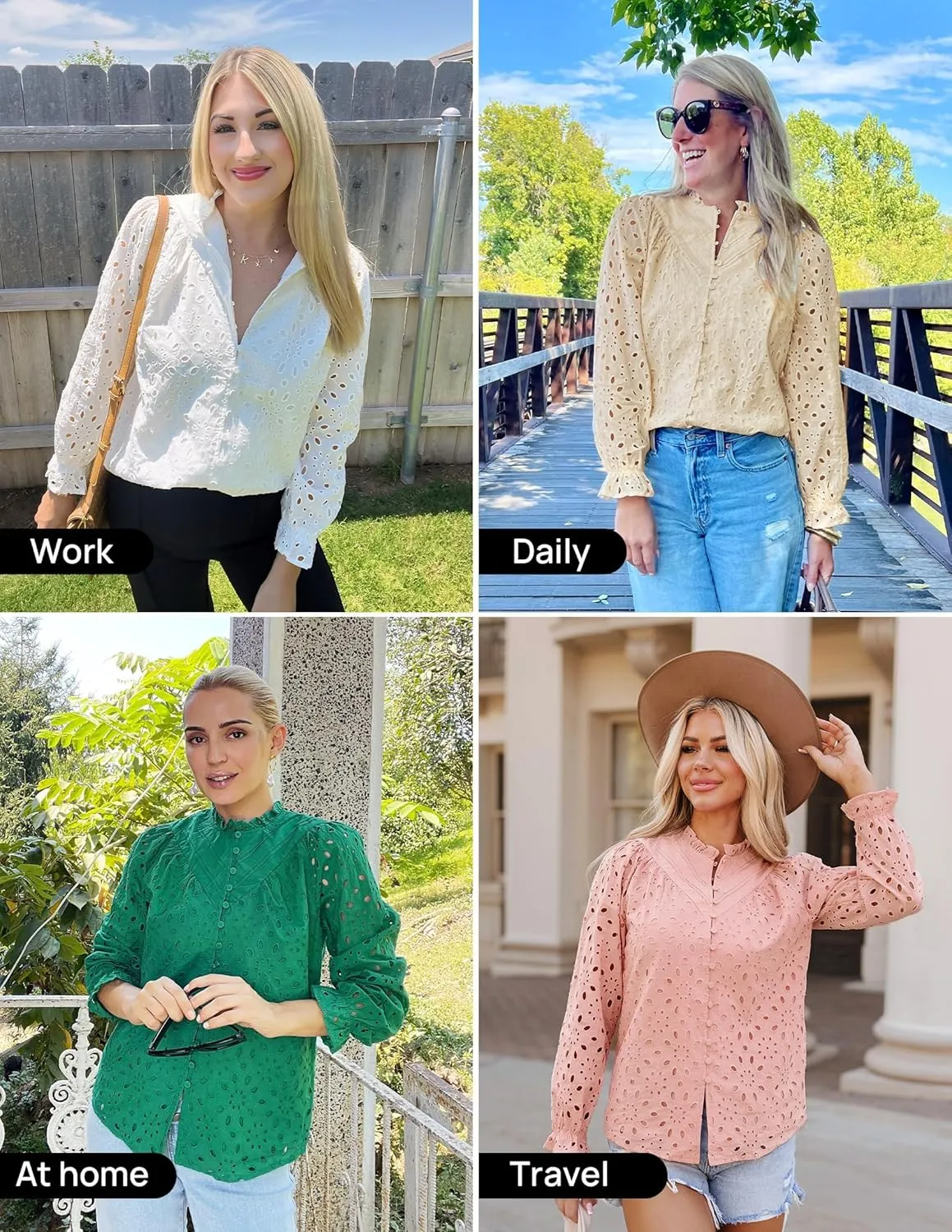ZESICA Women's Casual Blouse Tops Puff Long Sleeve Button V Neck Hollow Out Eyelet Lace Embroidered Shirt Dressy